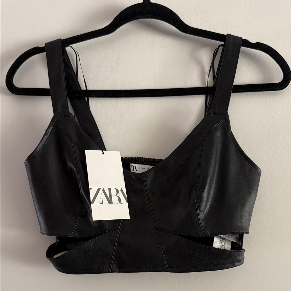 Zara Black Faux Leather Bodysuit Top